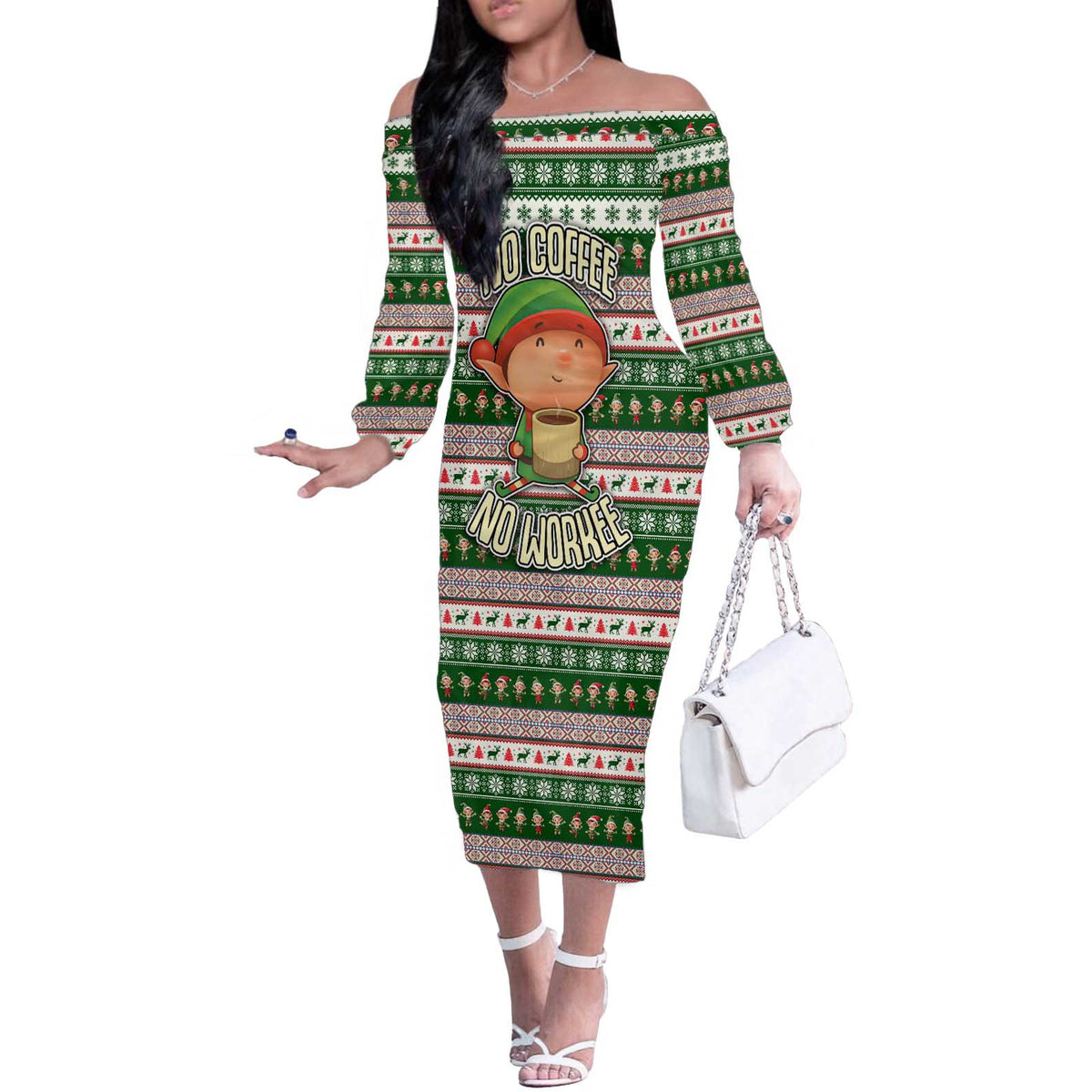 No Coffee No Workee Christmas Design Off The Shoulder Long Sleeve Dress Xmas Holiday Patterns - Wonder Print Shop