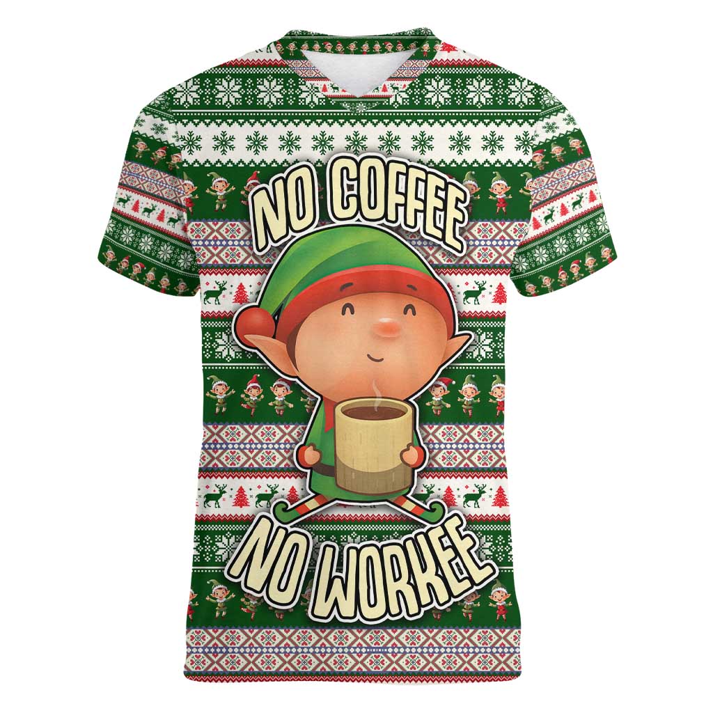 No Coffee No Workee Christmas Design Women V-Neck T-Shirt Xmas Holiday Patterns - Wonder Print Shop