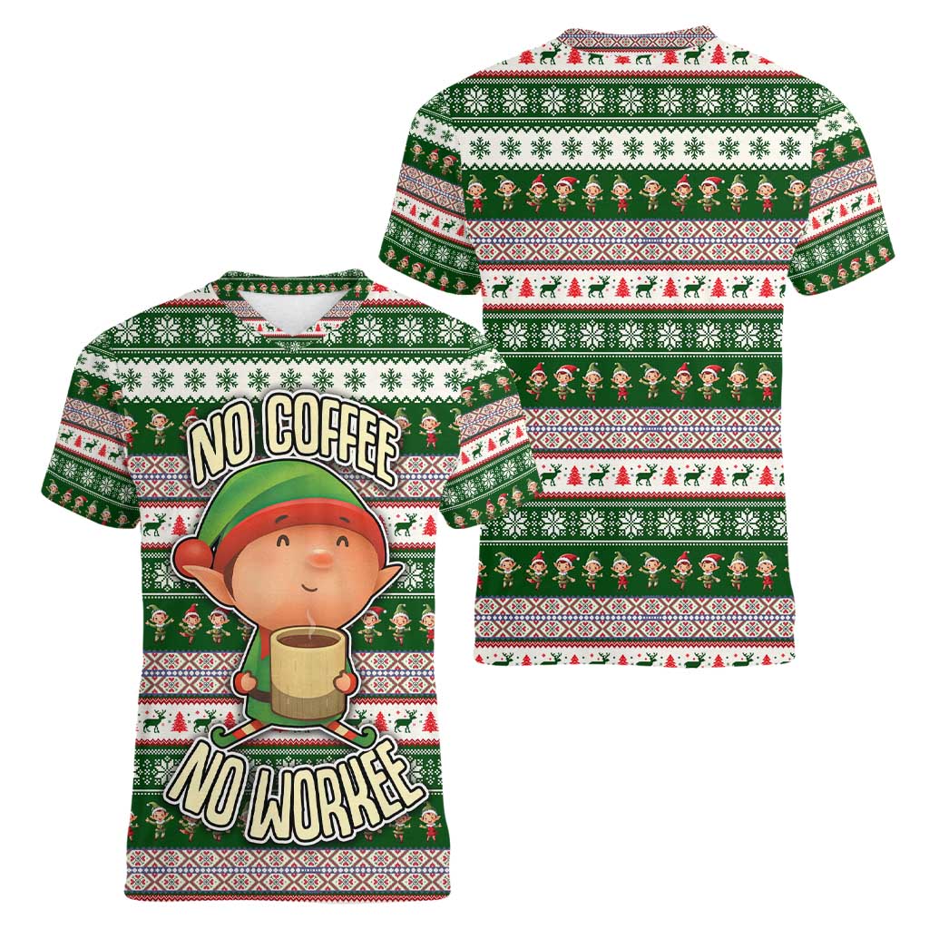 No Coffee No Workee Christmas Design Women V-Neck T-Shirt Xmas Holiday Patterns - Wonder Print Shop