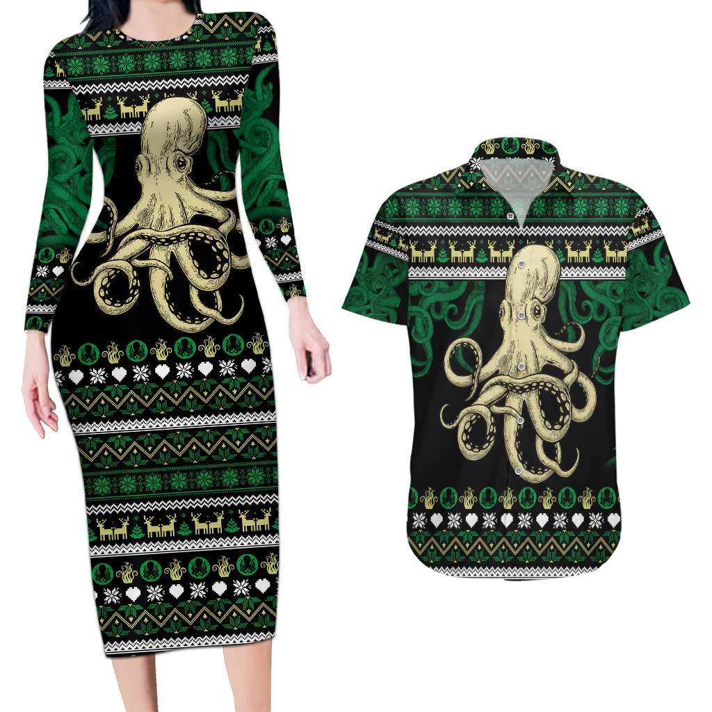 Octopus Cool Christmas Design Couples Matching Long Sleeve Bodycon Dress and Hawaiian Shirt Xmas Holiday Patterns - Wonder Print Shop