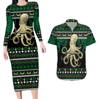 Octopus Cool Christmas Design Couples Matching Long Sleeve Bodycon Dress and Hawaiian Shirt Xmas Holiday Patterns - Wonder Print Shop