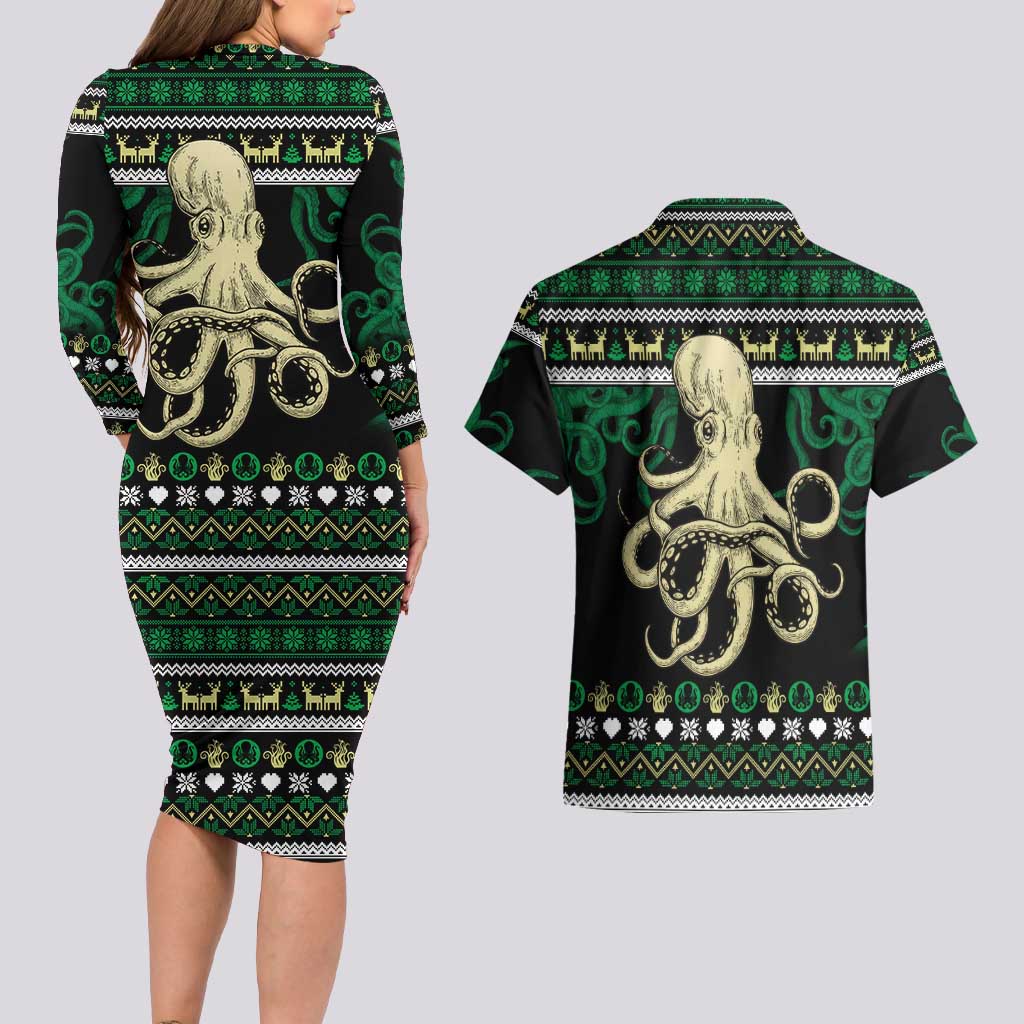 Octopus Cool Christmas Design Couples Matching Long Sleeve Bodycon Dress and Hawaiian Shirt Xmas Holiday Patterns - Wonder Print Shop