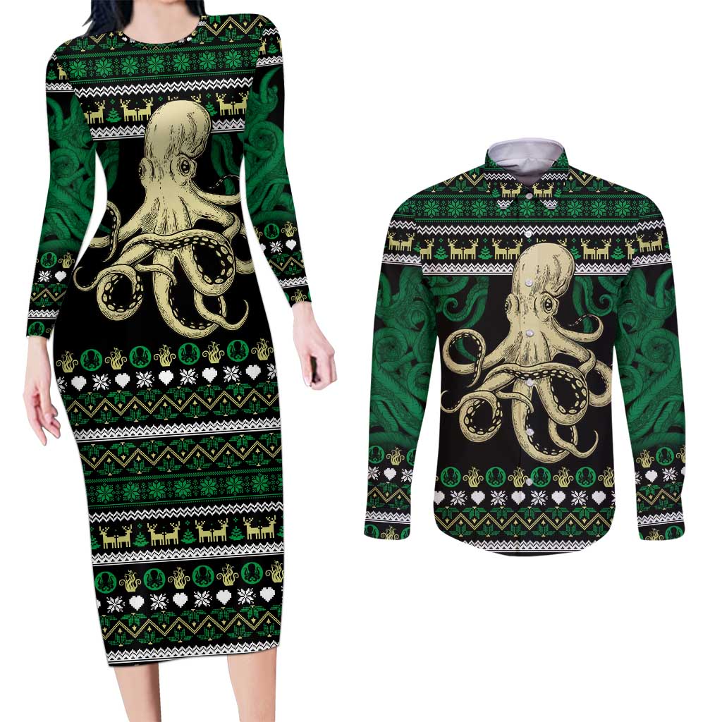 Octopus Cool Christmas Design Couples Matching Long Sleeve Bodycon Dress and Long Sleeve Button Shirt Xmas Holiday Patterns - Wonder Print Shop