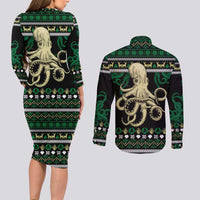 Octopus Cool Christmas Design Couples Matching Long Sleeve Bodycon Dress and Long Sleeve Button Shirt Xmas Holiday Patterns - Wonder Print Shop