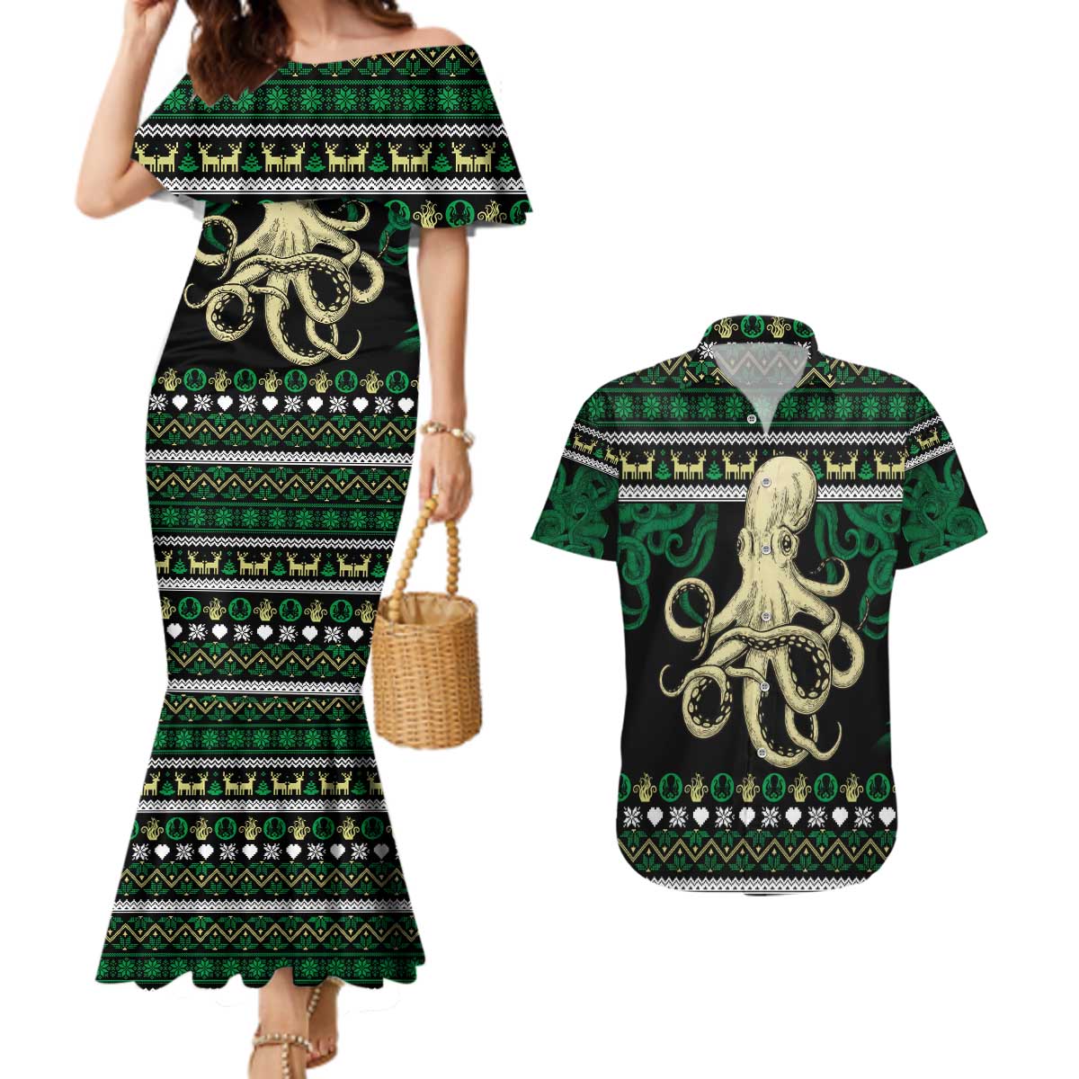 Octopus Cool Christmas Design Couples Matching Mermaid Dress and Hawaiian Shirt Xmas Holiday Patterns - Wonder Print Shop