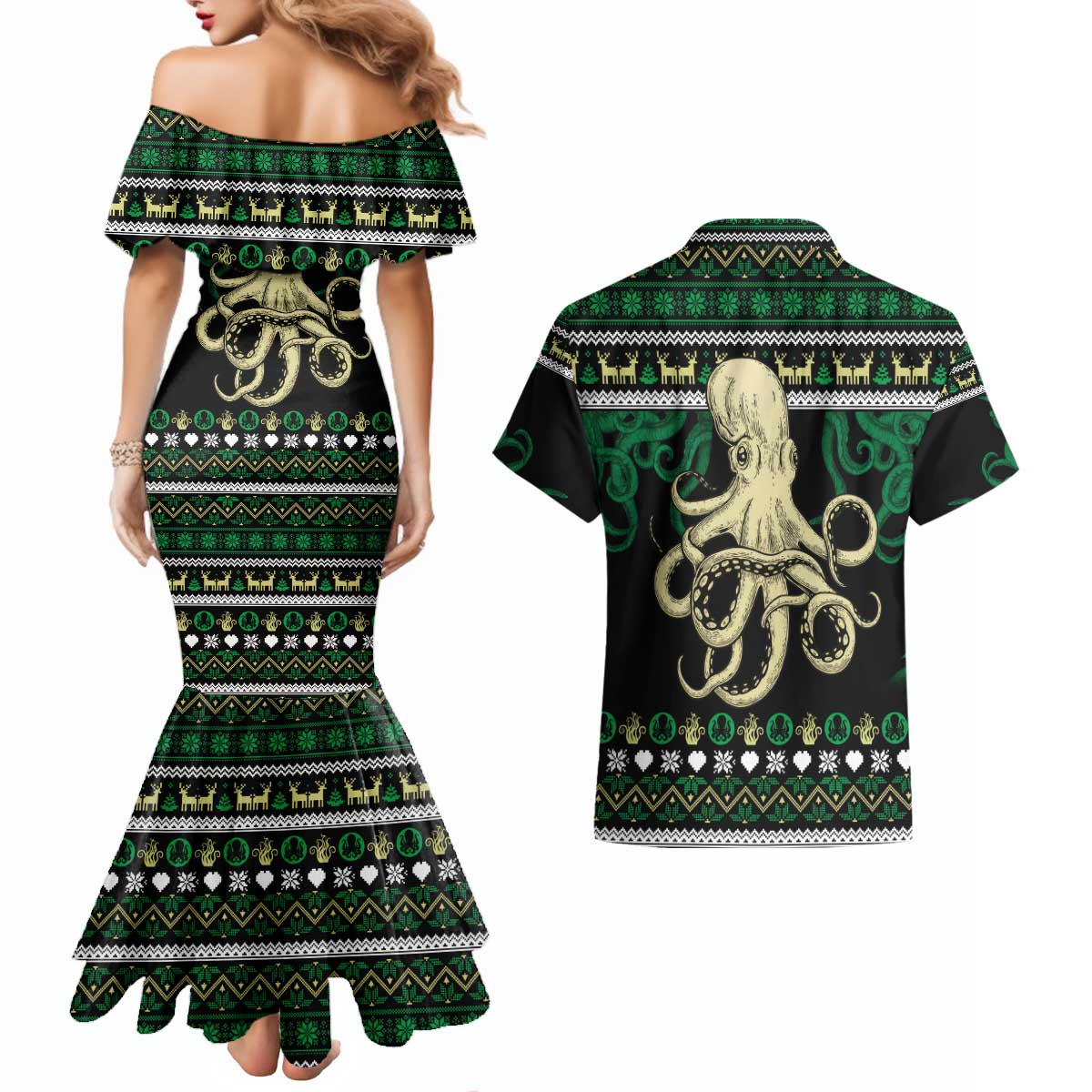 Octopus Cool Christmas Design Couples Matching Mermaid Dress and Hawaiian Shirt Xmas Holiday Patterns - Wonder Print Shop