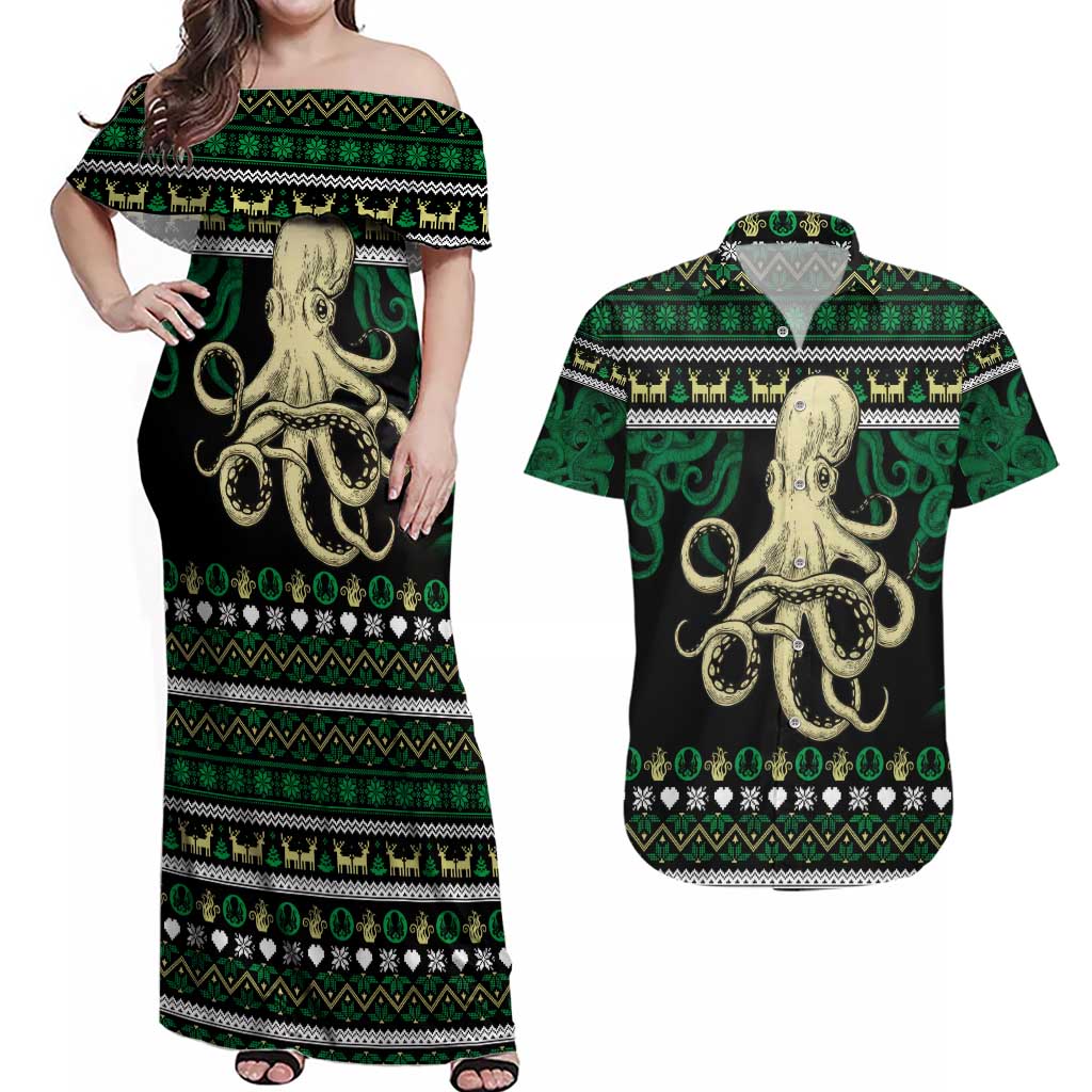 Octopus Cool Christmas Design Couples Matching Off Shoulder Maxi Dress and Hawaiian Shirt Xmas Holiday Patterns - Wonder Print Shop