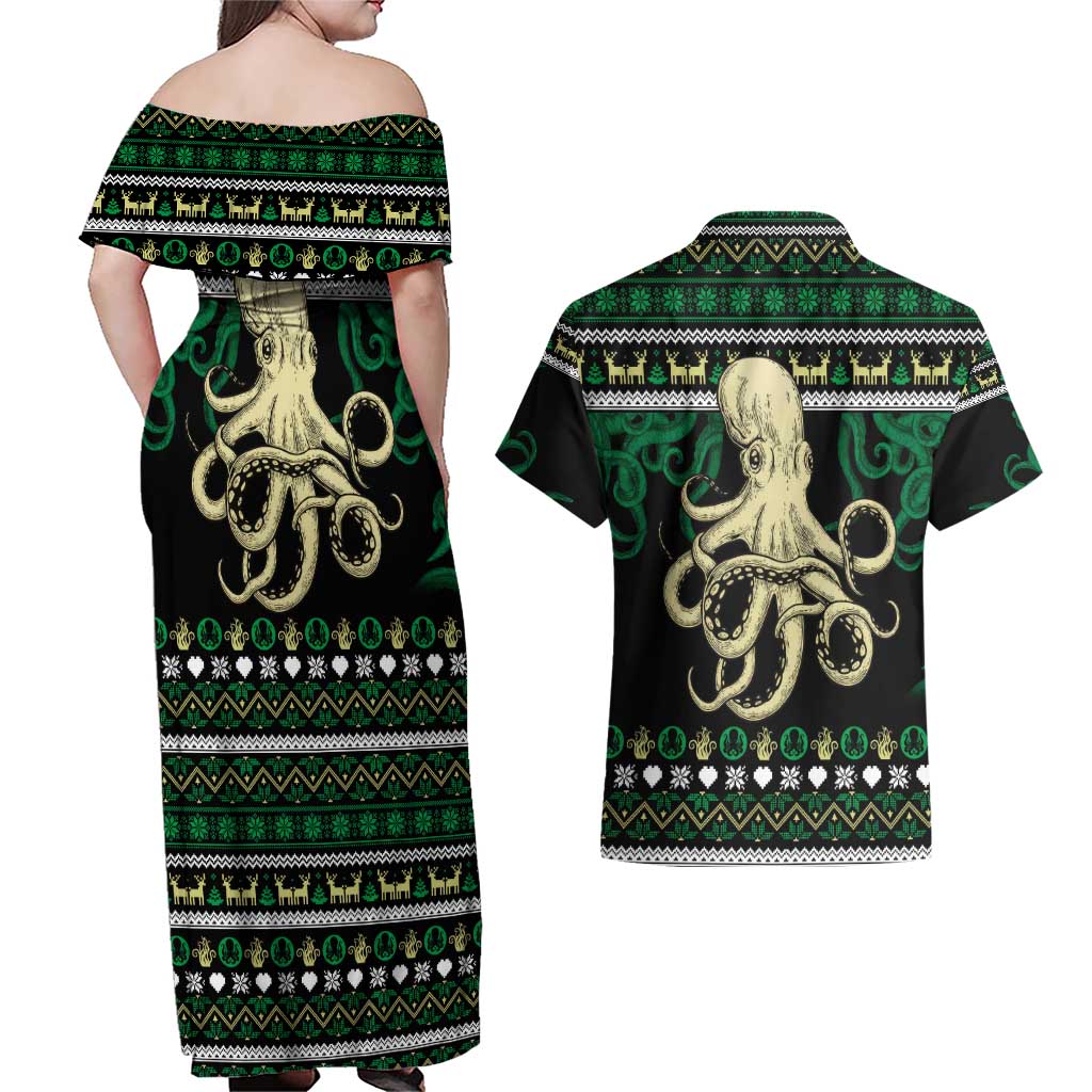 Octopus Cool Christmas Design Couples Matching Off Shoulder Maxi Dress and Hawaiian Shirt Xmas Holiday Patterns - Wonder Print Shop