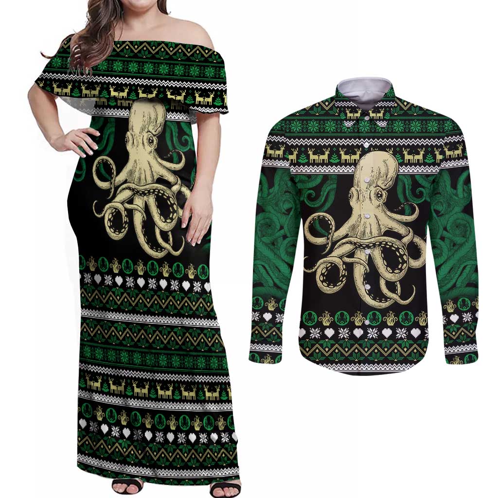 Octopus Cool Christmas Design Couples Matching Off Shoulder Maxi Dress and Long Sleeve Button Shirt Xmas Holiday Patterns - Wonder Print Shop