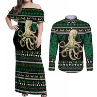Octopus Cool Christmas Design Couples Matching Off Shoulder Maxi Dress and Long Sleeve Button Shirt Xmas Holiday Patterns - Wonder Print Shop