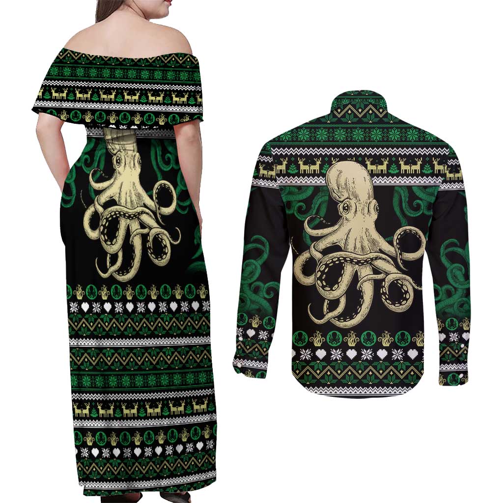 Octopus Cool Christmas Design Couples Matching Off Shoulder Maxi Dress and Long Sleeve Button Shirt Xmas Holiday Patterns - Wonder Print Shop