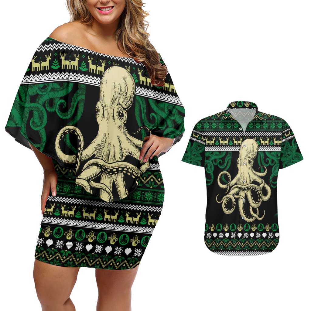 Octopus Cool Christmas Design Couples Matching Off Shoulder Short Dress and Hawaiian Shirt Xmas Holiday Patterns - Wonder Print Shop