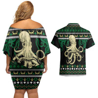 Octopus Cool Christmas Design Couples Matching Off Shoulder Short Dress and Hawaiian Shirt Xmas Holiday Patterns - Wonder Print Shop