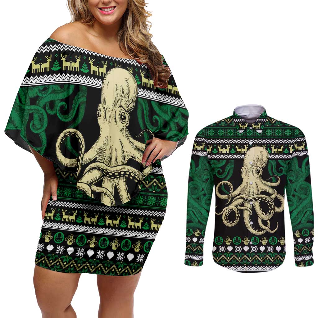 Octopus Cool Christmas Design Couples Matching Off Shoulder Short Dress and Long Sleeve Button Shirt Xmas Holiday Patterns - Wonder Print Shop