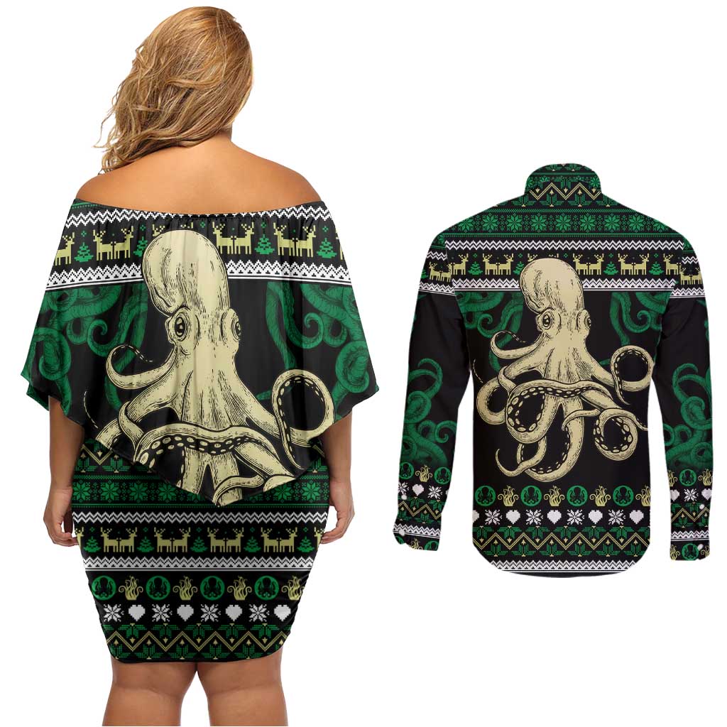 Octopus Cool Christmas Design Couples Matching Off Shoulder Short Dress and Long Sleeve Button Shirt Xmas Holiday Patterns - Wonder Print Shop