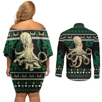 Octopus Cool Christmas Design Couples Matching Off Shoulder Short Dress and Long Sleeve Button Shirt Xmas Holiday Patterns - Wonder Print Shop