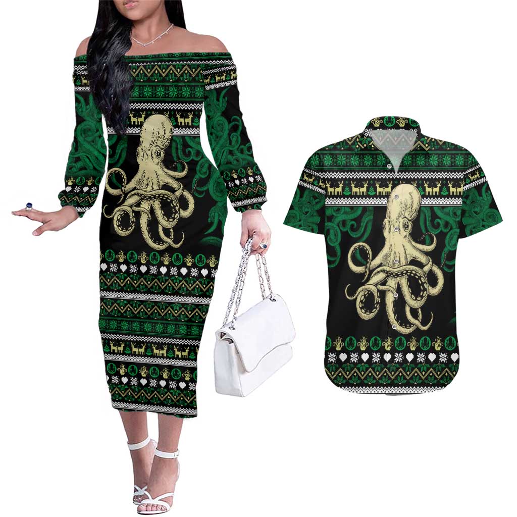 Octopus Cool Christmas Design Couples Matching Off The Shoulder Long Sleeve Dress and Hawaiian Shirt Xmas Holiday Patterns - Wonder Print Shop