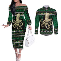 Octopus Cool Christmas Design Couples Matching Off The Shoulder Long Sleeve Dress and Long Sleeve Button Shirt Xmas Holiday Patterns - Wonder Print Shop
