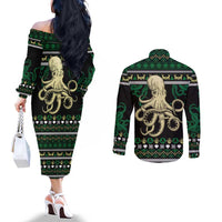 Octopus Cool Christmas Design Couples Matching Off The Shoulder Long Sleeve Dress and Long Sleeve Button Shirt Xmas Holiday Patterns - Wonder Print Shop