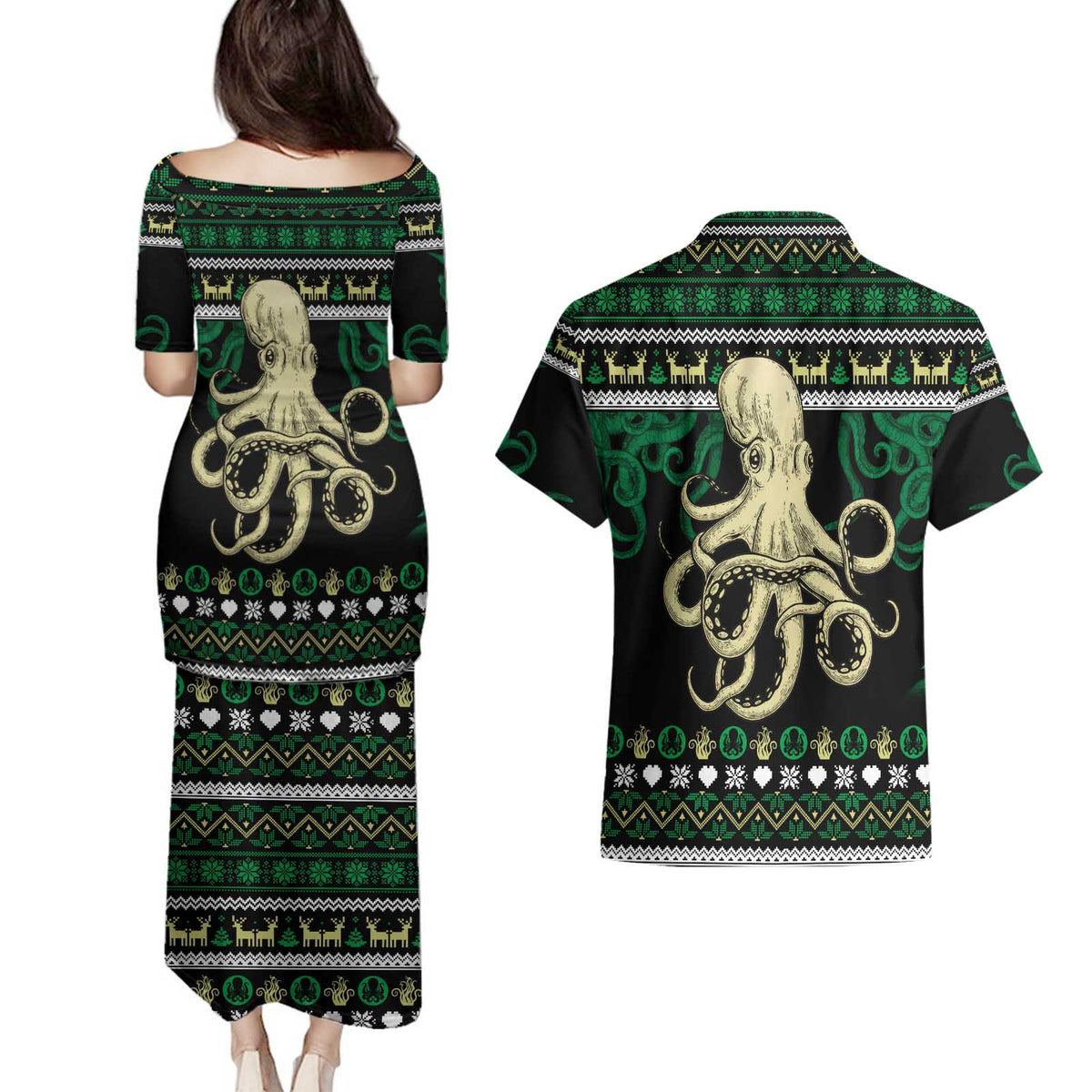 Octopus Cool Christmas Design Couples Matching Puletasi and Hawaiian Shirt Xmas Holiday Patterns - Wonder Print Shop
