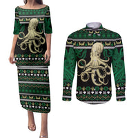 Octopus Cool Christmas Design Couples Matching Puletasi and Long Sleeve Button Shirt Xmas Holiday Patterns - Wonder Print Shop