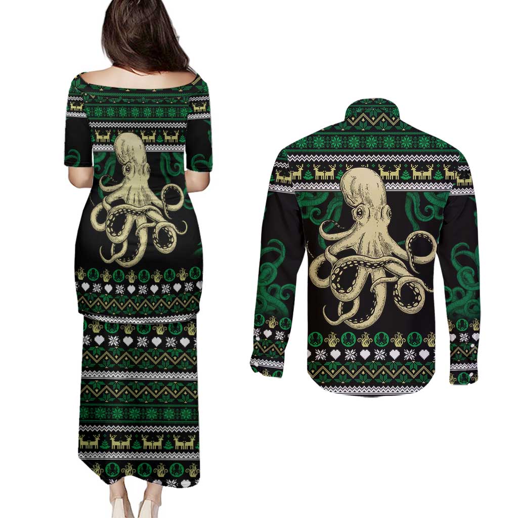 Octopus Cool Christmas Design Couples Matching Puletasi and Long Sleeve Button Shirt Xmas Holiday Patterns - Wonder Print Shop