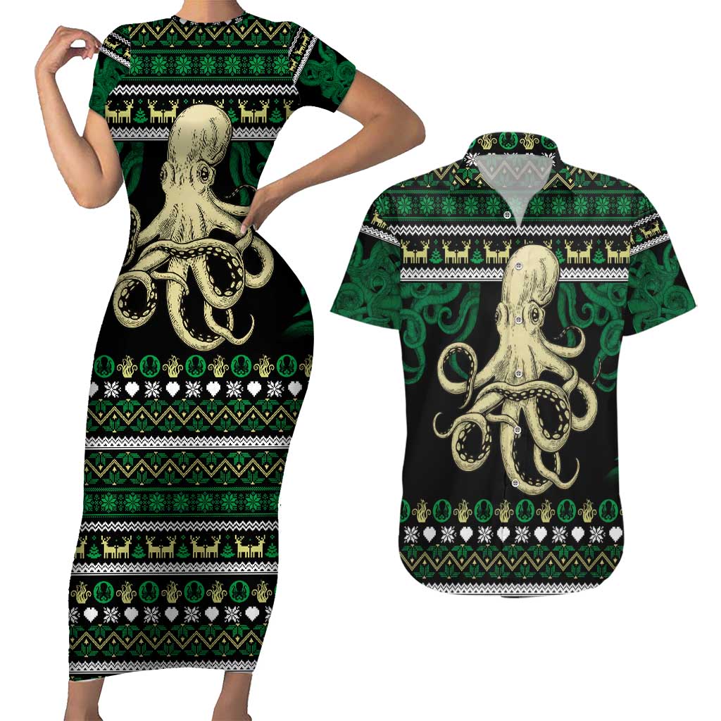 Octopus Cool Christmas Design Couples Matching Short Sleeve Bodycon Dress and Hawaiian Shirt Xmas Holiday Patterns - Wonder Print Shop
