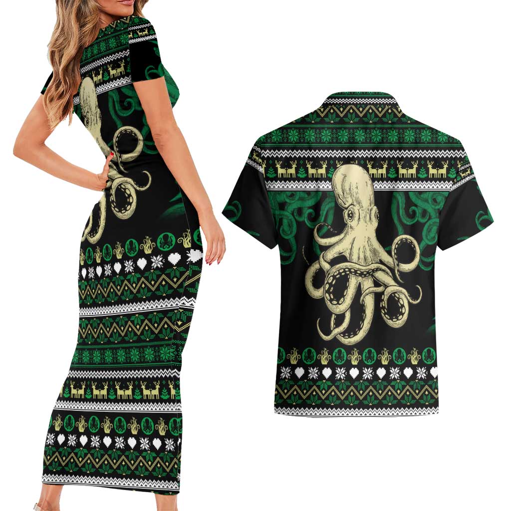 Octopus Cool Christmas Design Couples Matching Short Sleeve Bodycon Dress and Hawaiian Shirt Xmas Holiday Patterns - Wonder Print Shop