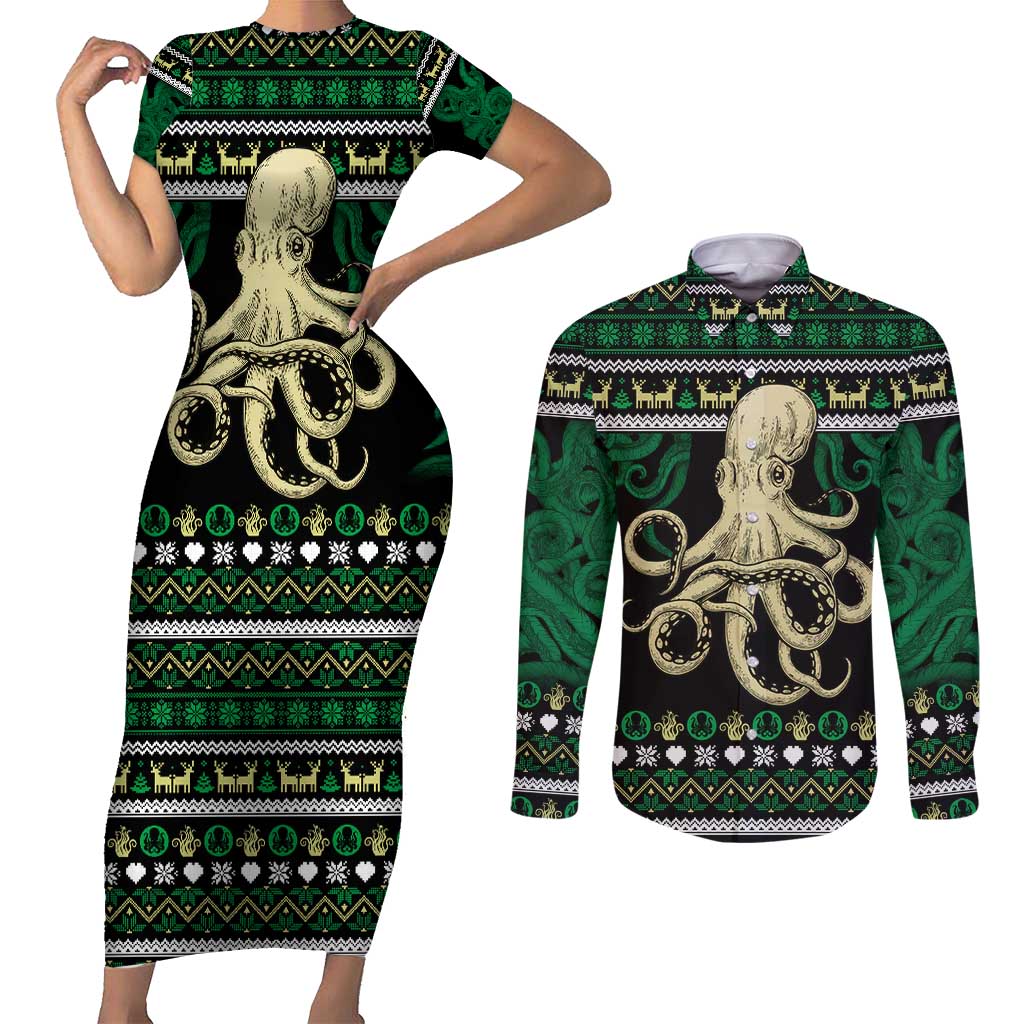 Octopus Cool Christmas Design Couples Matching Short Sleeve Bodycon Dress and Long Sleeve Button Shirt Xmas Holiday Patterns - Wonder Print Shop