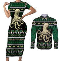 Octopus Cool Christmas Design Couples Matching Short Sleeve Bodycon Dress and Long Sleeve Button Shirt Xmas Holiday Patterns - Wonder Print Shop