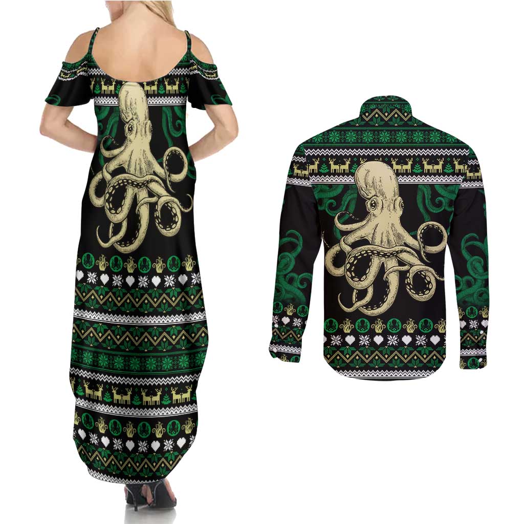 Octopus Cool Christmas Design Couples Matching Summer Maxi Dress and Long Sleeve Button Shirt Xmas Holiday Patterns - Wonder Print Shop