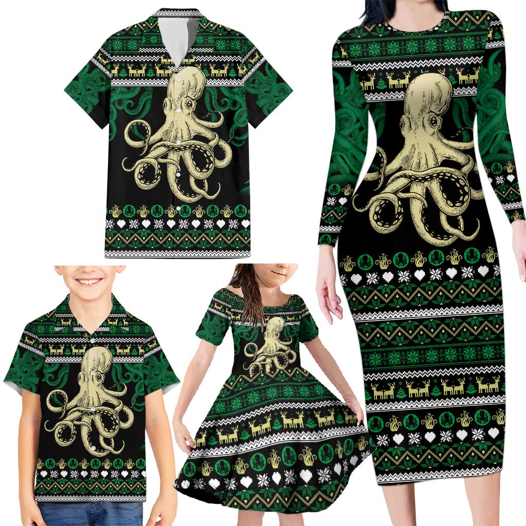 Octopus Cool Christmas Design Family Matching Long Sleeve Bodycon Dress and Hawaiian Shirt Xmas Holiday Patterns - Wonder Print Shop