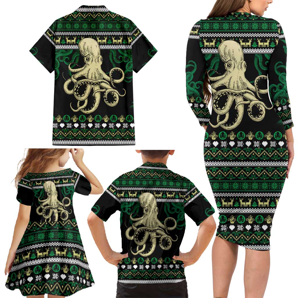 Octopus Cool Christmas Design Family Matching Long Sleeve Bodycon Dress and Hawaiian Shirt Xmas Holiday Patterns - Wonder Print Shop