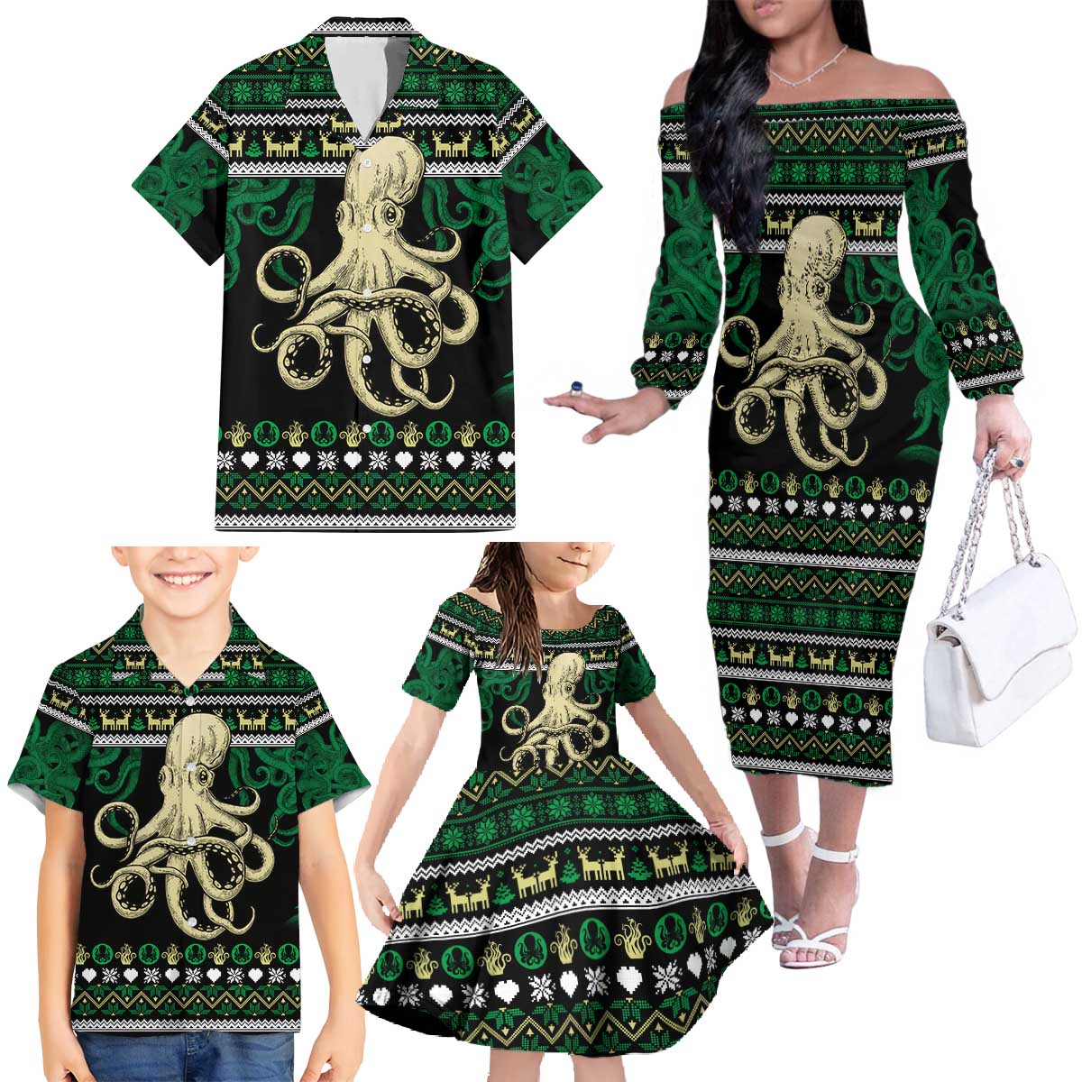Octopus Cool Christmas Design Family Matching Off The Shoulder Long Sleeve Dress and Hawaiian Shirt Xmas Holiday Patterns - Wonder Print Shop