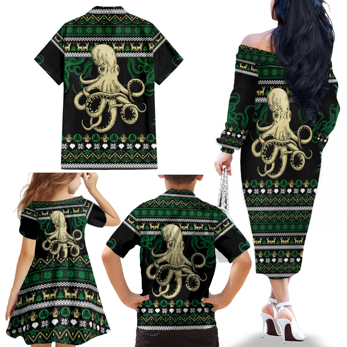 Octopus Cool Christmas Design Family Matching Off The Shoulder Long Sleeve Dress and Hawaiian Shirt Xmas Holiday Patterns - Wonder Print Shop