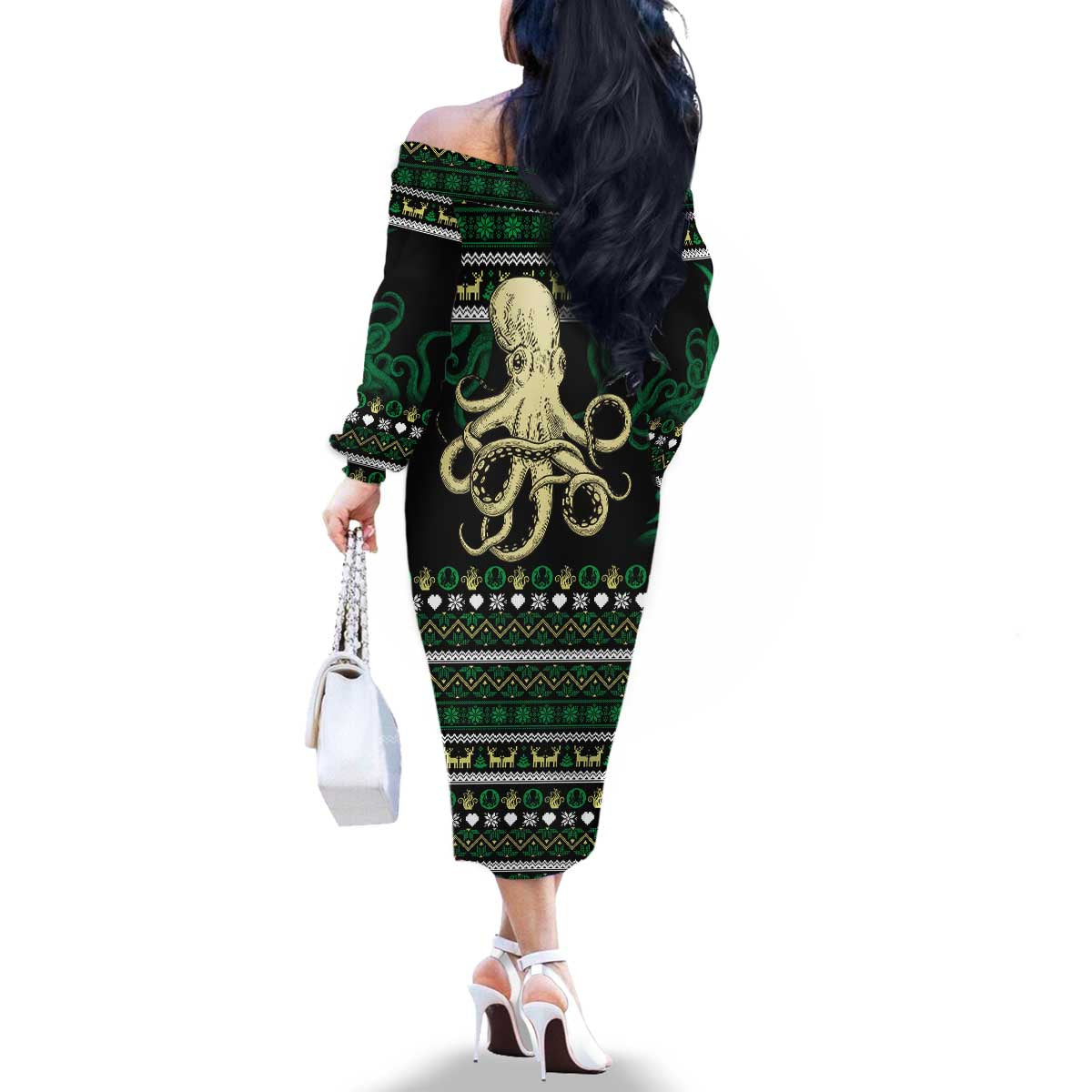 Octopus Cool Christmas Design Family Matching Off The Shoulder Long Sleeve Dress and Hawaiian Shirt Xmas Holiday Patterns - Wonder Print Shop
