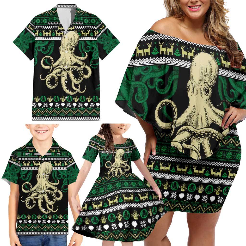 Octopus Cool Christmas Design Family Matching Off Shoulder Short Dress and Hawaiian Shirt Xmas Holiday Patterns - Wonder Print Shop