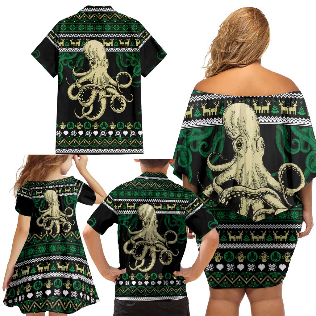 Octopus Cool Christmas Design Family Matching Off Shoulder Short Dress and Hawaiian Shirt Xmas Holiday Patterns - Wonder Print Shop