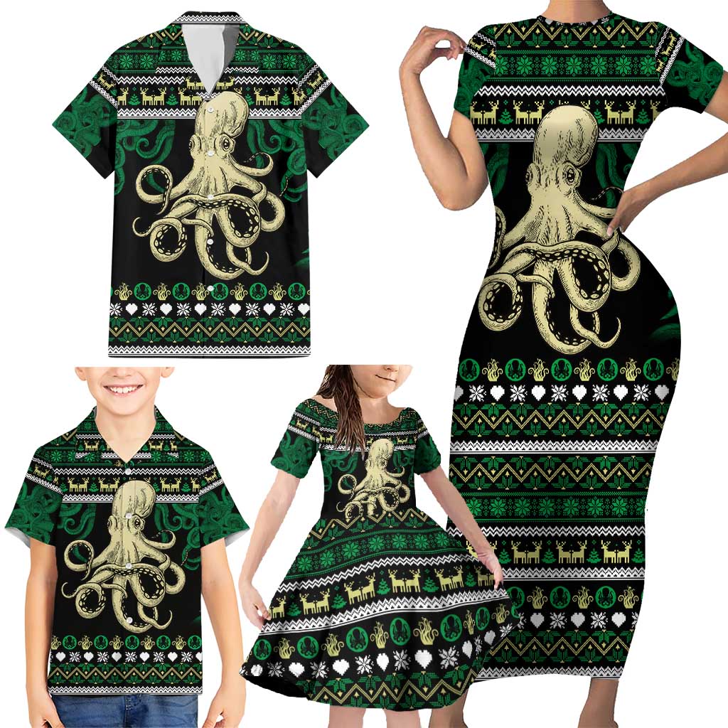 Octopus Cool Christmas Design Family Matching Short Sleeve Bodycon Dress and Hawaiian Shirt Xmas Holiday Patterns - Wonder Print Shop