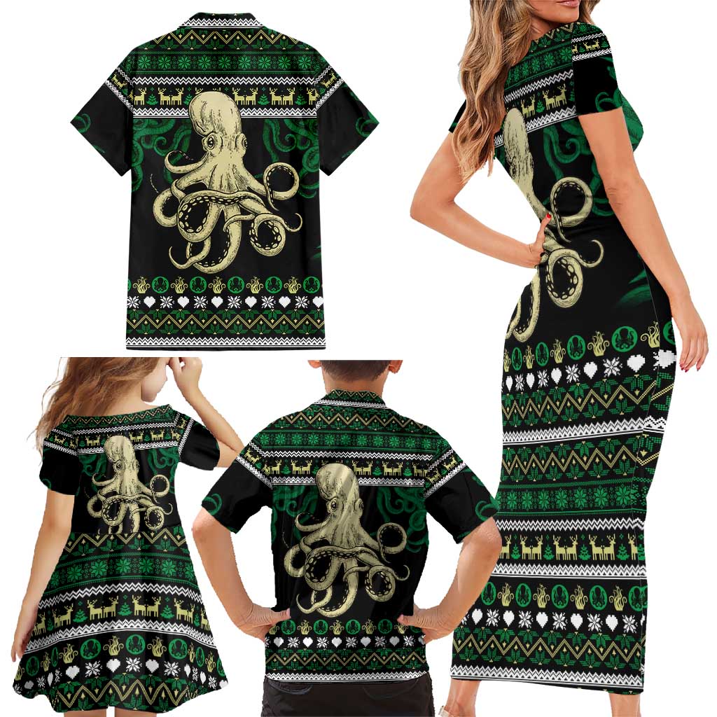 Octopus Cool Christmas Design Family Matching Short Sleeve Bodycon Dress and Hawaiian Shirt Xmas Holiday Patterns - Wonder Print Shop