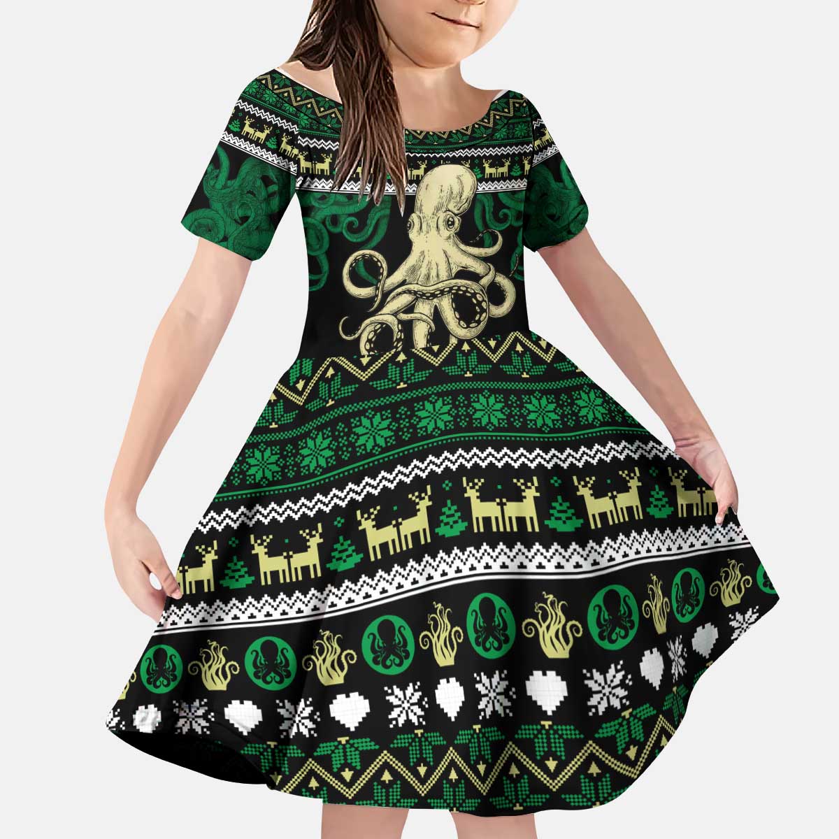 Octopus Cool Christmas Design Kid Short Sleeve Dress Xmas Holiday Patterns - Wonder Print Shop