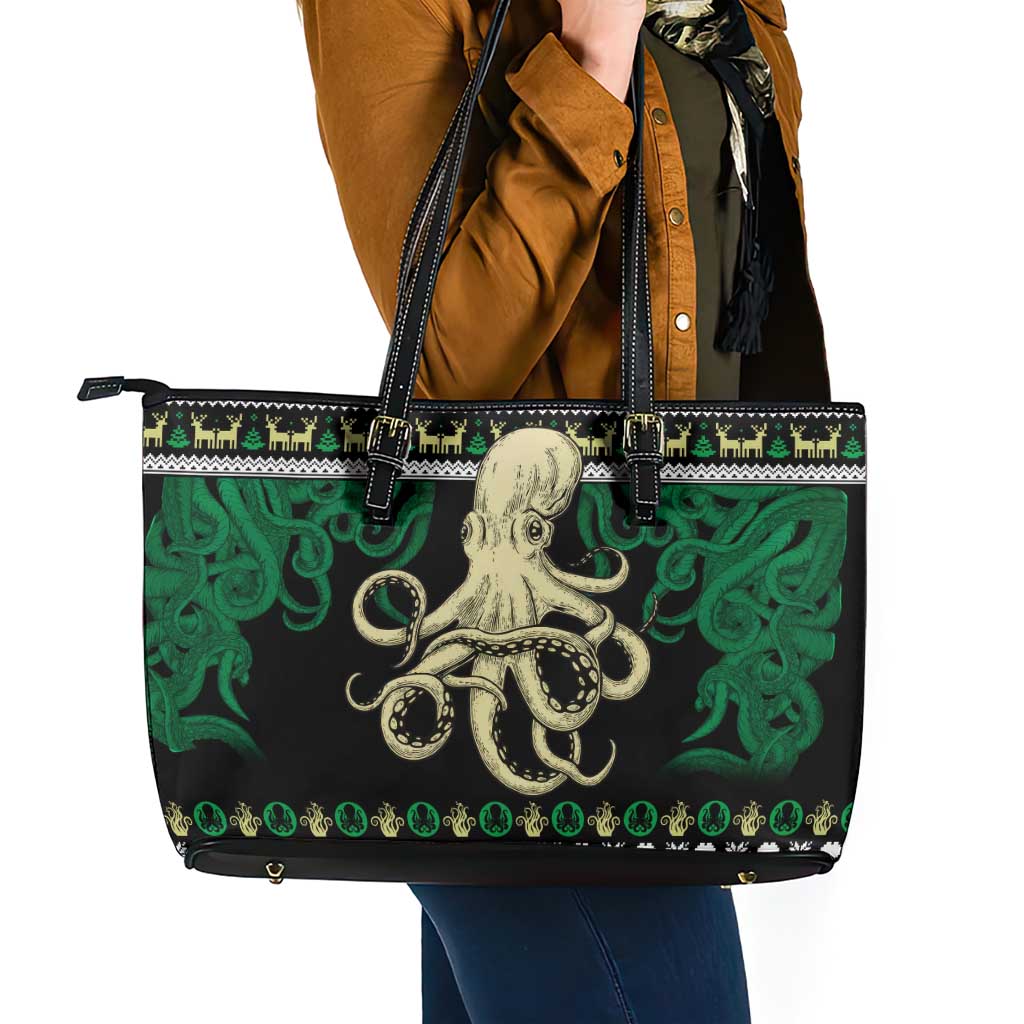 Octopus Cool Christmas Design Leather Tote Bag Xmas Holiday Patterns - Wonder Print Shop