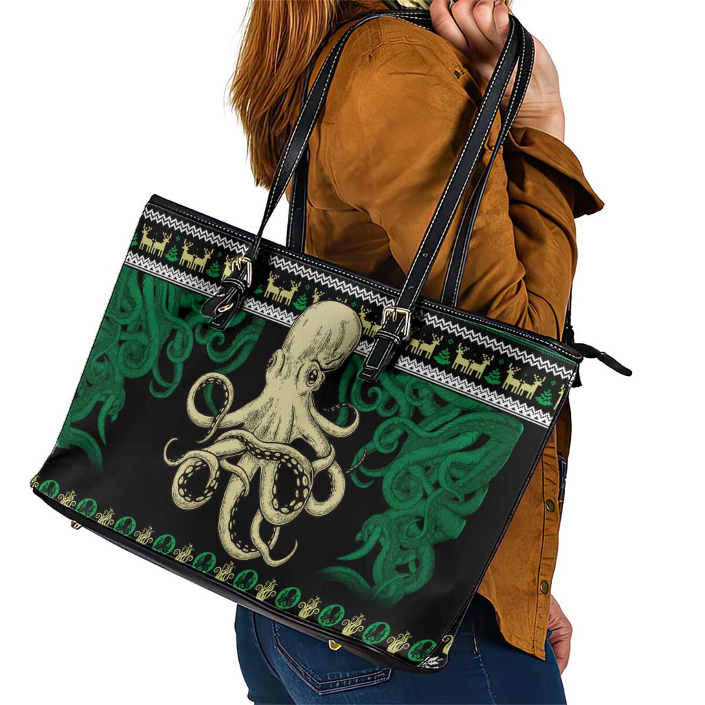 Octopus Cool Christmas Design Leather Tote Bag Xmas Holiday Patterns - Wonder Print Shop
