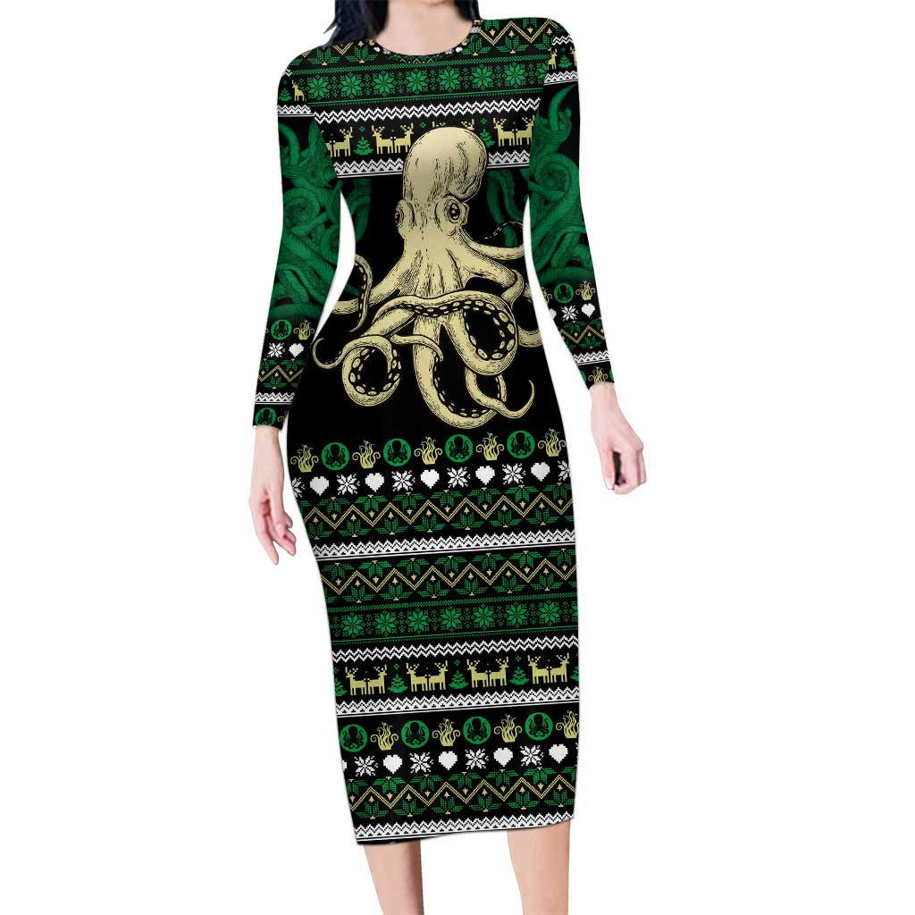 Octopus Cool Christmas Design Long Sleeve Bodycon Dress Xmas Holiday Patterns - Wonder Print Shop