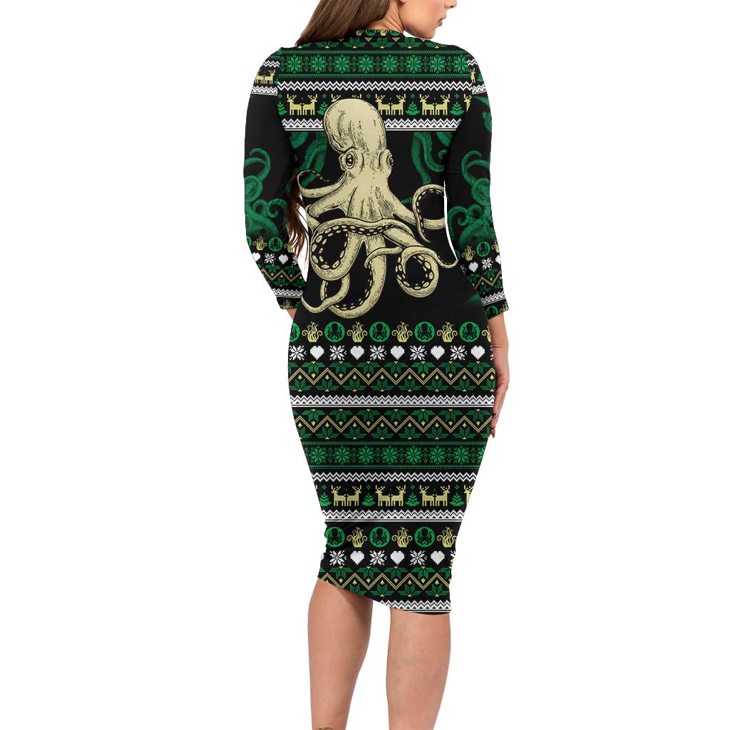 Octopus Cool Christmas Design Long Sleeve Bodycon Dress Xmas Holiday Patterns - Wonder Print Shop