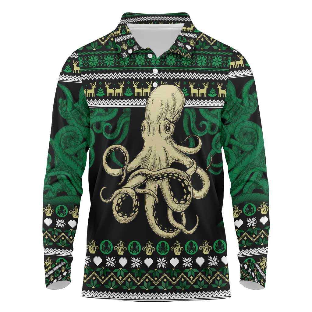 Octopus Cool Christmas Design Long Sleeve Polo Shirt Xmas Holiday Patterns - Wonder Print Shop