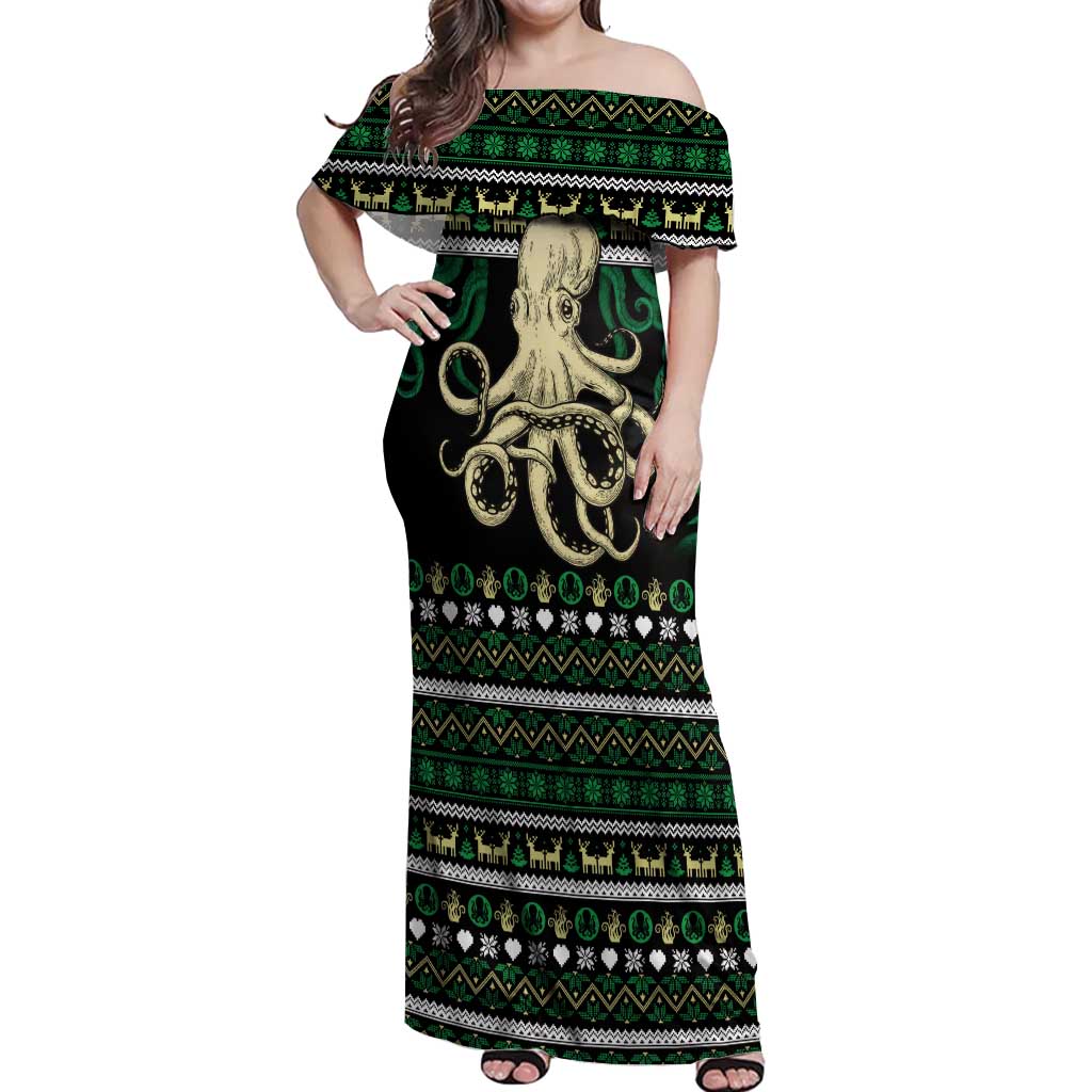 Octopus Cool Christmas Design Off Shoulder Maxi Dress Xmas Holiday Patterns - Wonder Print Shop