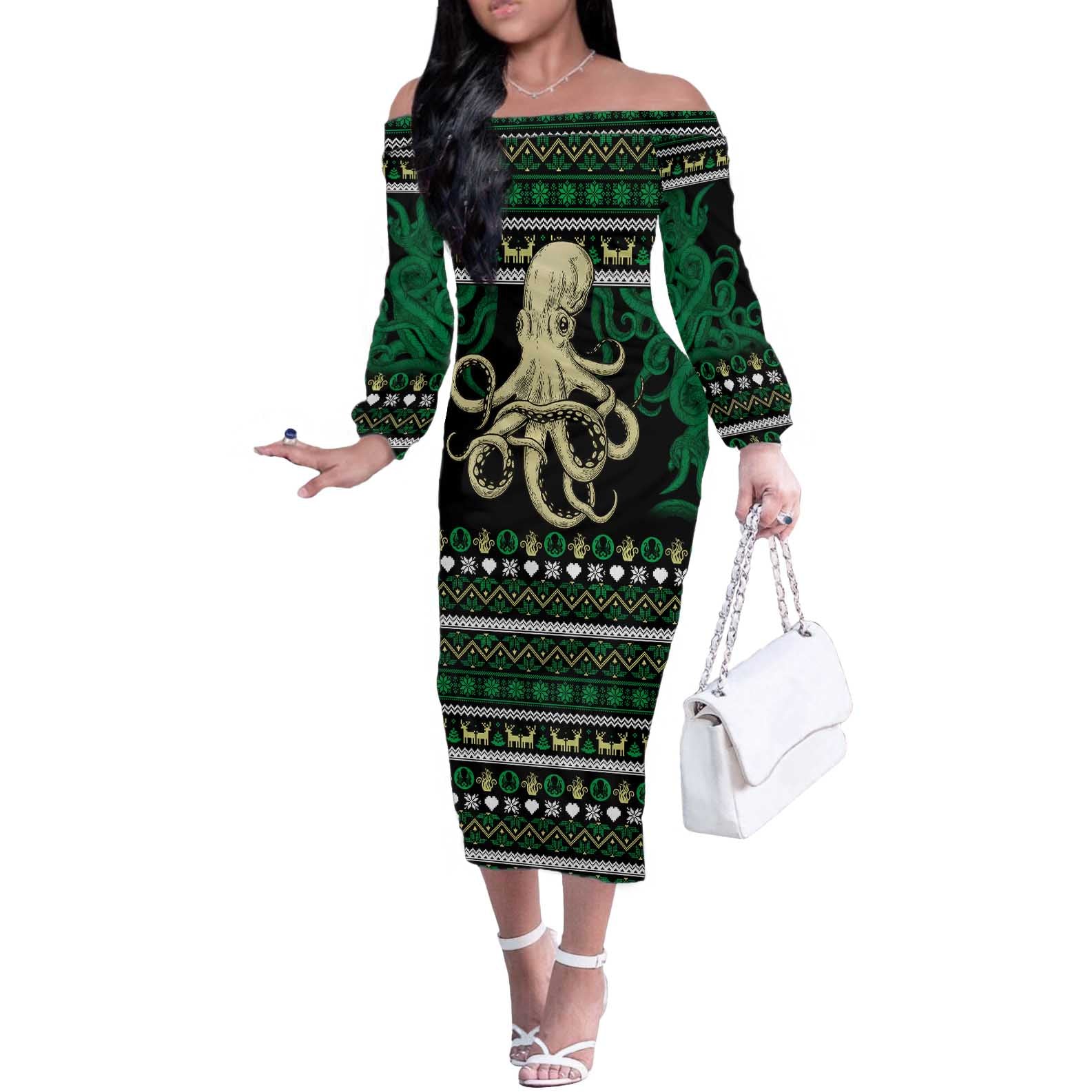 Octopus Cool Christmas Design Off The Shoulder Long Sleeve Dress Xmas Holiday Patterns - Wonder Print Shop