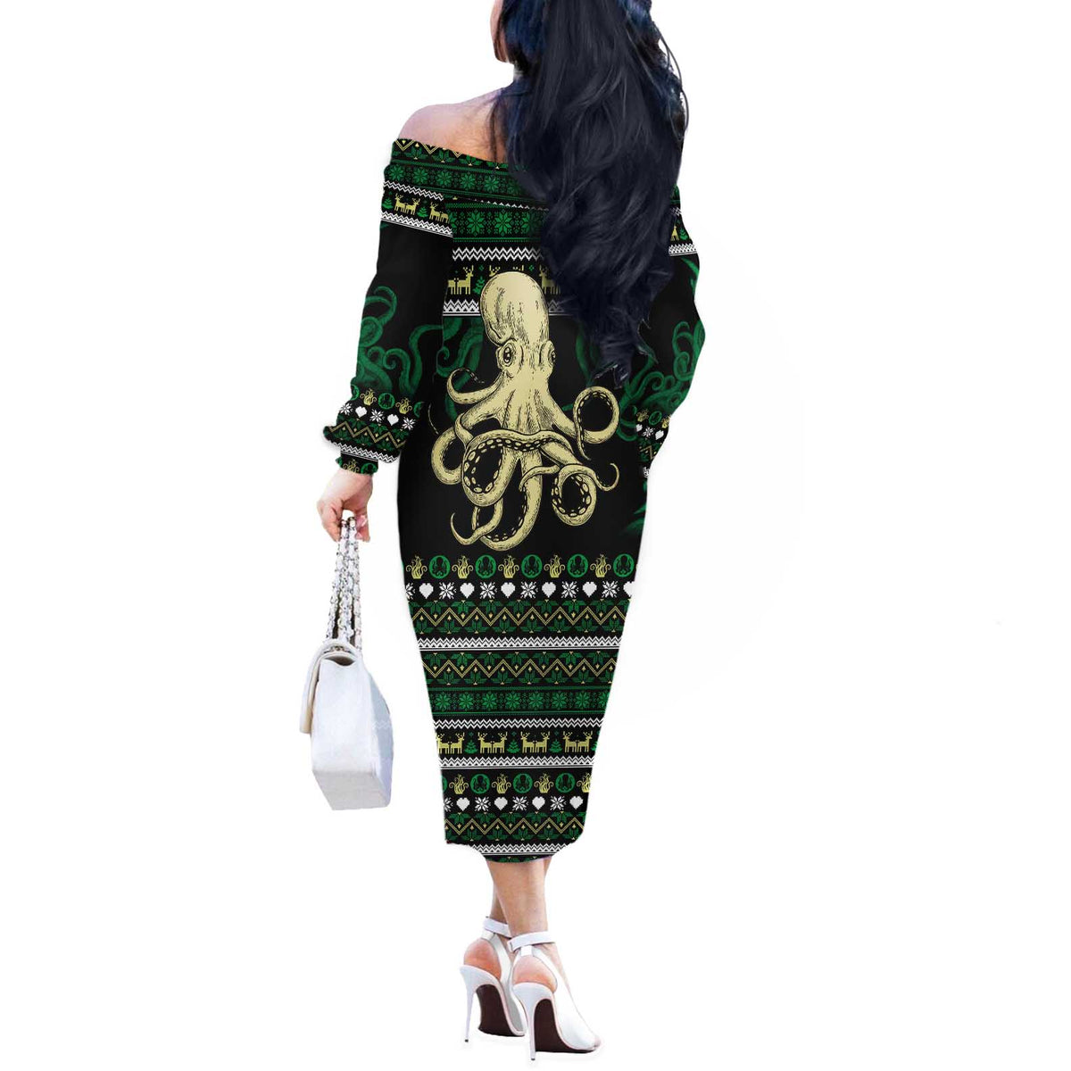 Octopus Cool Christmas Design Off The Shoulder Long Sleeve Dress Xmas Holiday Patterns - Wonder Print Shop