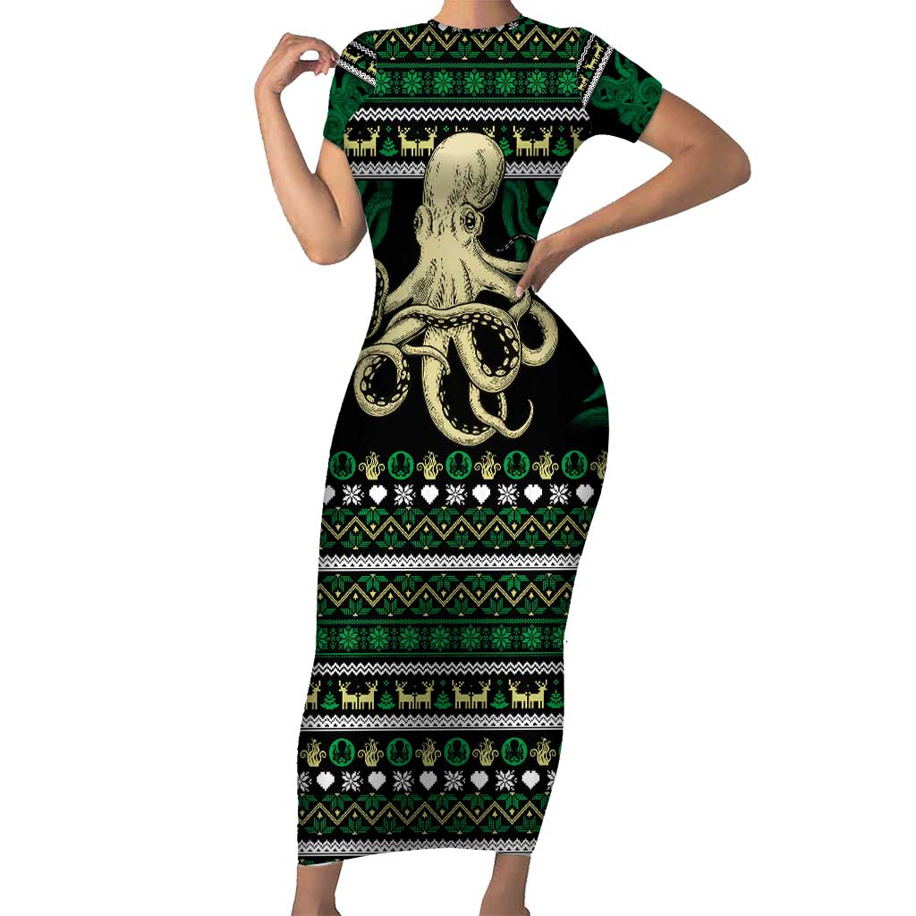 Octopus Cool Christmas Design Short Sleeve Bodycon Dress Xmas Holiday Patterns - Wonder Print Shop